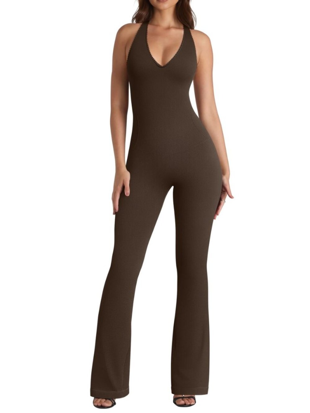 Jumpsuits for Women Halterneck Lace-Trim Flared Jumpsuits